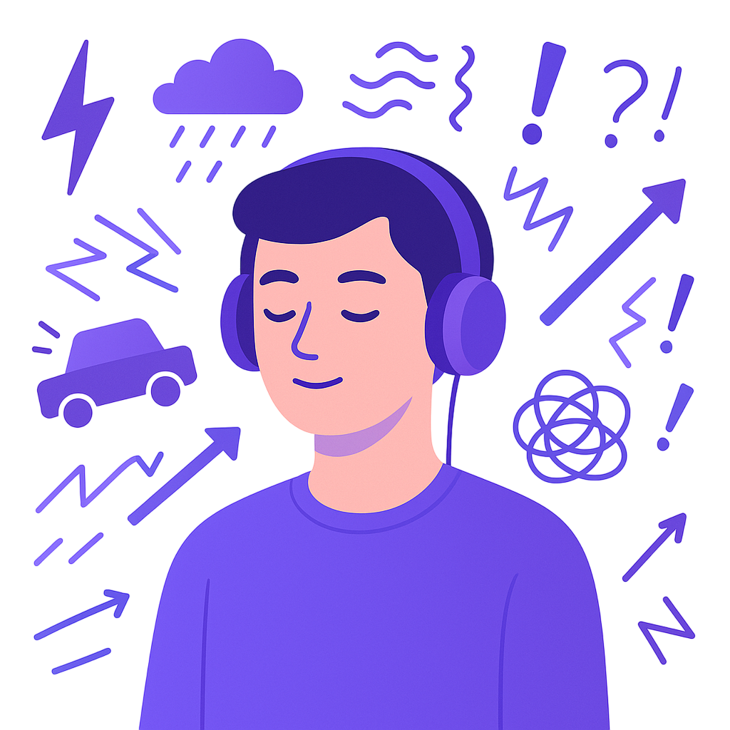 Person wearing headphones in a chaotic environment, looking serene